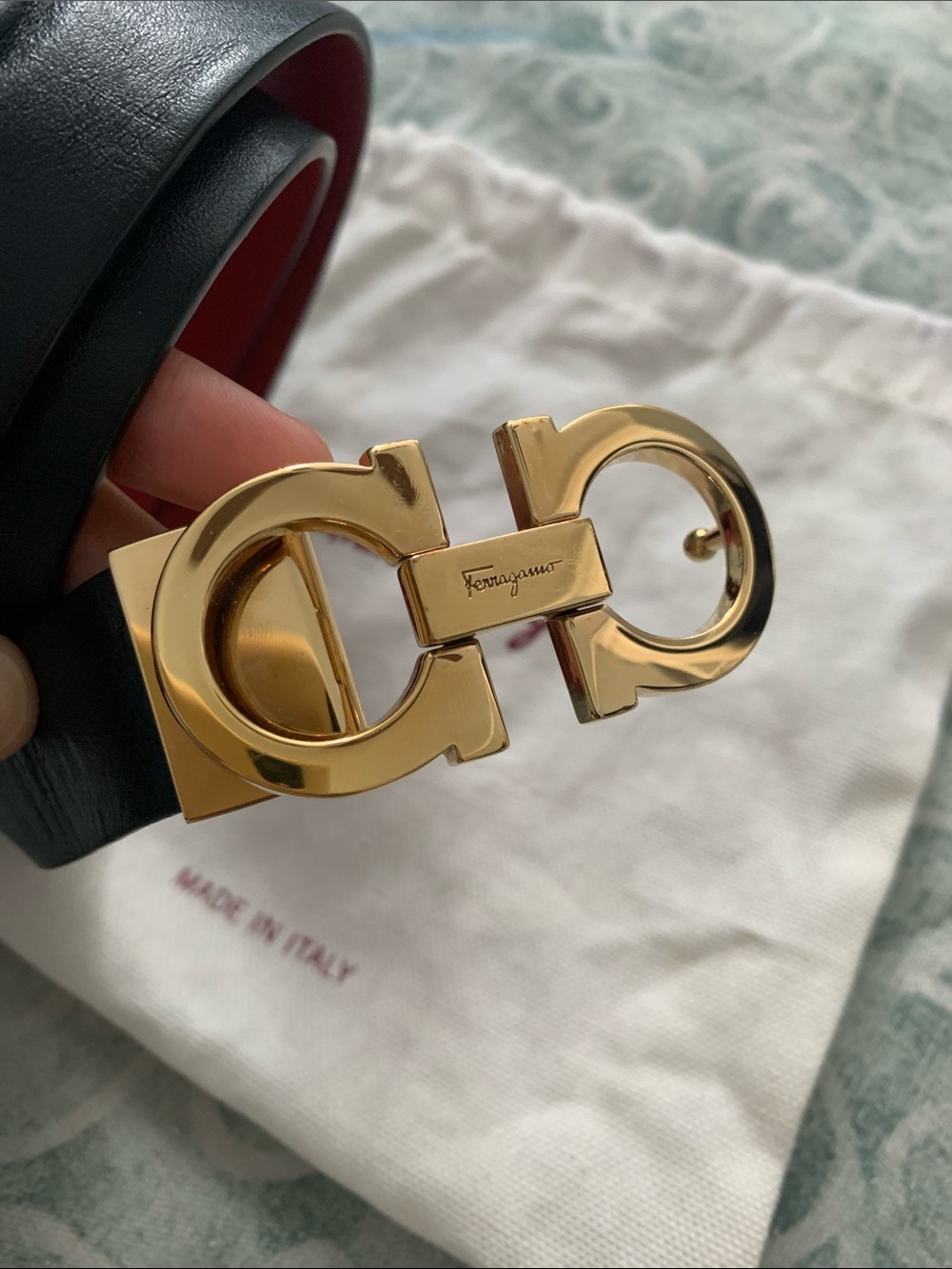 Salvatore Ferragamo Black Leather Belt with Gold Double Gancini Buckle
